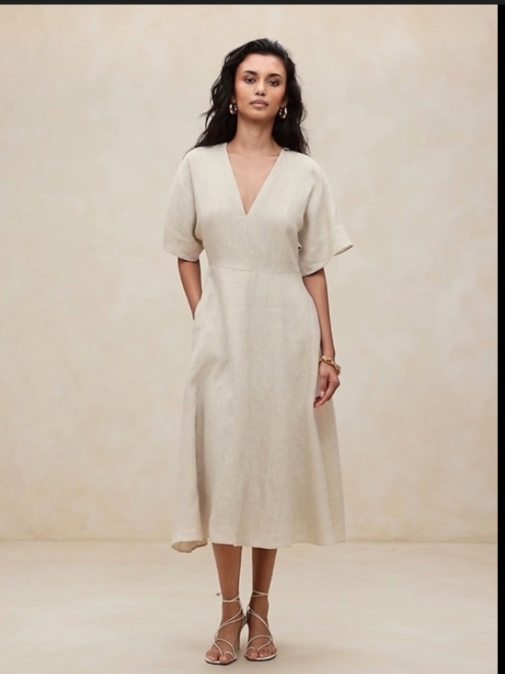 BANANA REPUBLIC - MAYA LINEN MIDI DRESS - BEIGE - SIZE 18